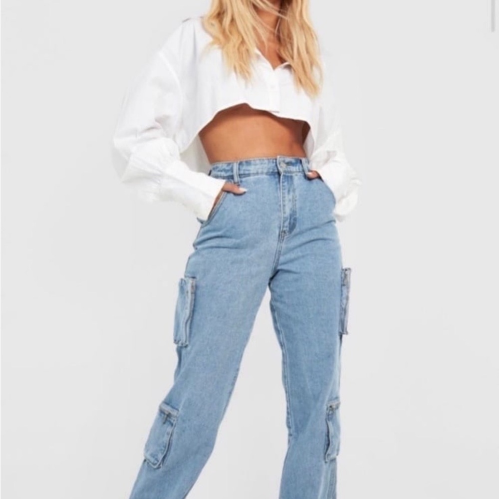 Boohoo Blue Straight Leg Jeans with Distressed Details